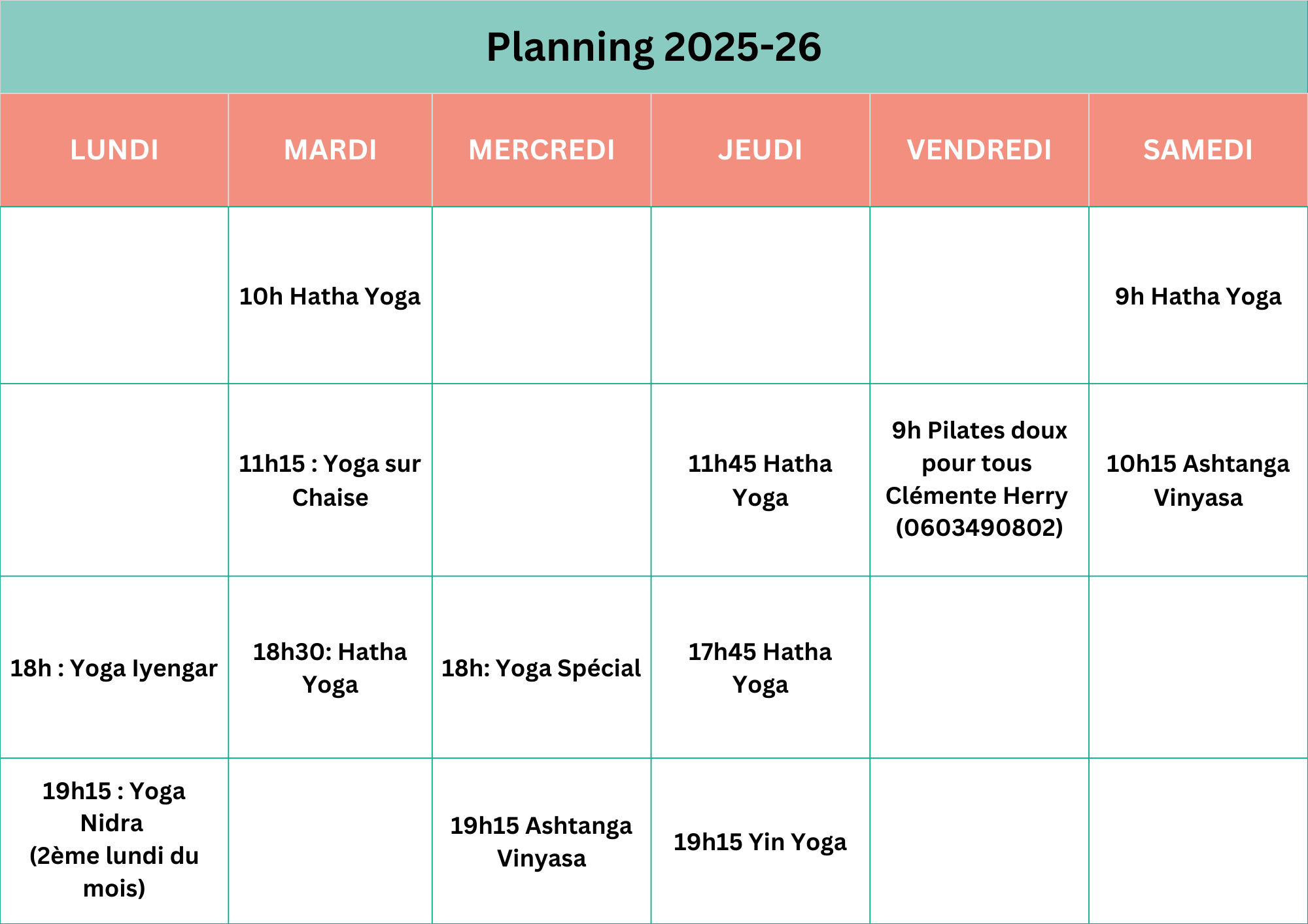 horaires de cours de yoga chez Amaté pour 2025-26