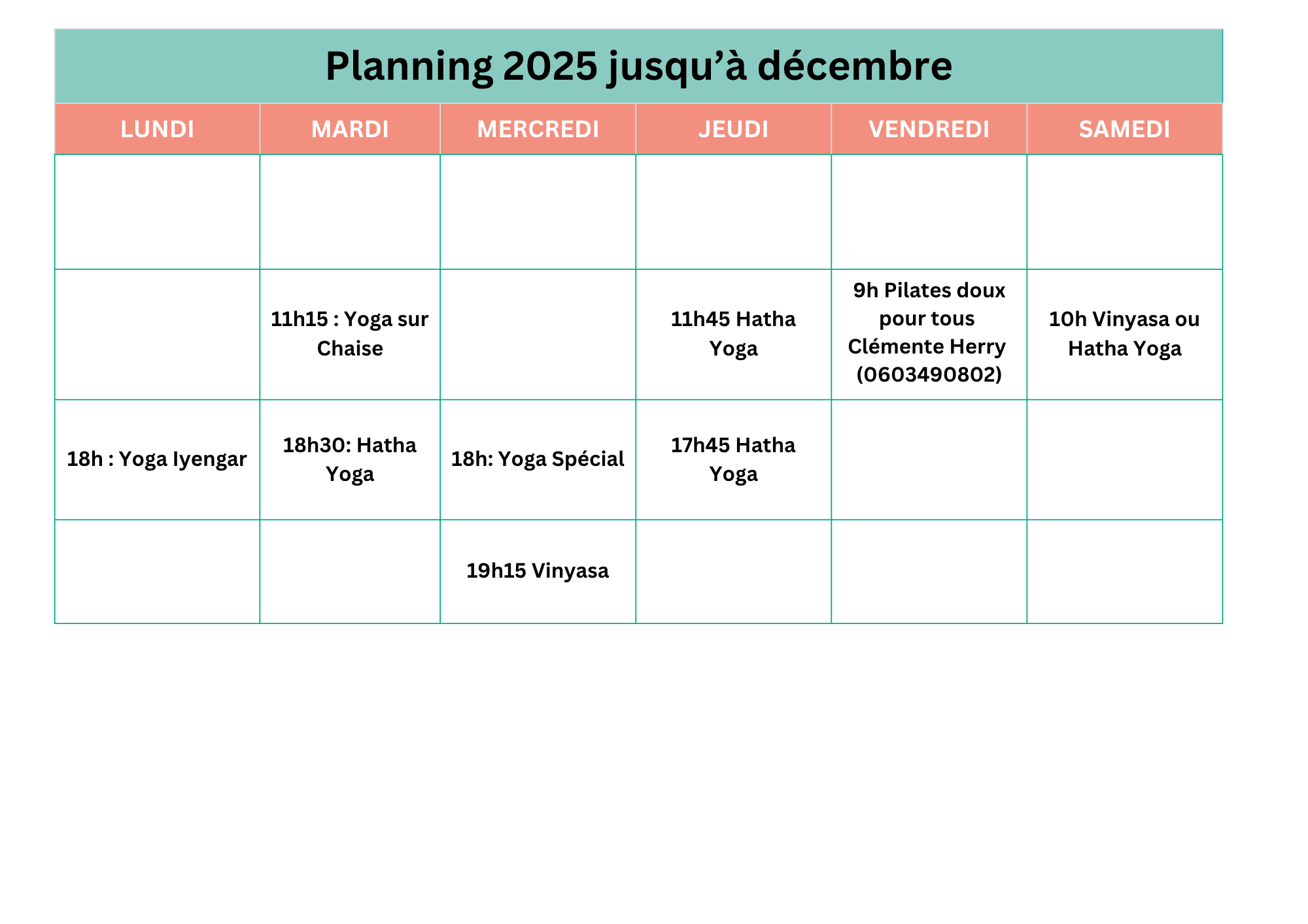 Planning de cours de yoga chez Amaté